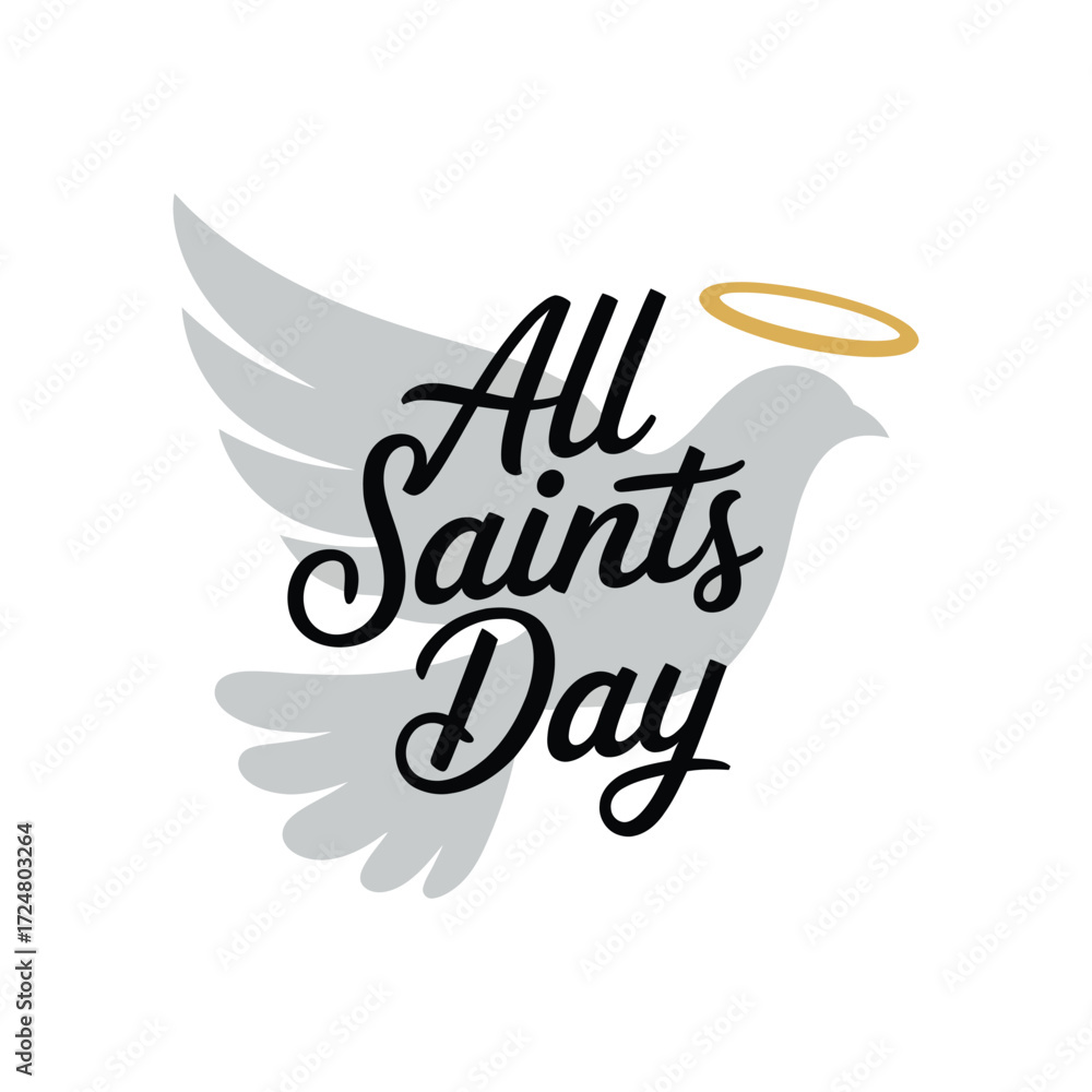 Fototapeta premium Elegant dove with halo and “All Saints Day” text – spiritual illustration symbolizing peace, purity, and Christian celebration of saints