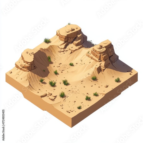 Rocky Desert Landscape with Sparse Vegetation and Sand Dunes