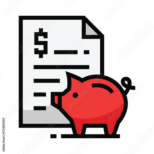 Red piggy bank next to a document with a dollar sign