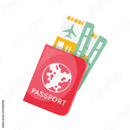 Red passport with world map and airplane tickets