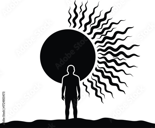 Human silhouette standing in front of abstract sun with rays concept vector design cosmic energy power spiritual illustration art