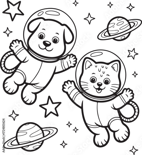 Pets in Space Suits Flying Among Planets