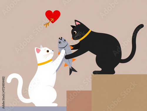 Two cats sharing a fish with a heart above