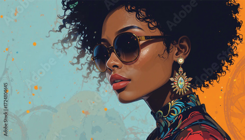 Modern Fashion Vector of American  Woman with Afro Hair and Sunglasses Ai Generate 