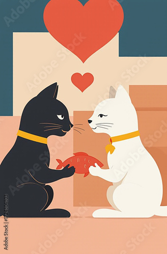 Two cats exchanging gifts under a heart symbol