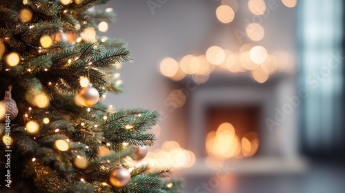 Festive christmas tree with golden lights and ornaments in a cozy home setting