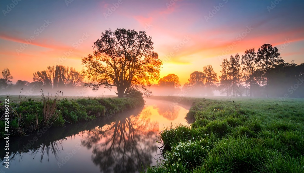 Obraz premium Sunrise over a misty stream