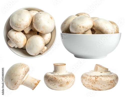 Fresh white button mushrooms in a white bowl, various angles