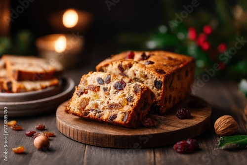 Traditional fruitcake with dried fruits and nuts on a wooden board for holiday celebration.