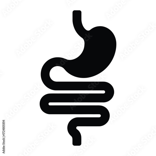 Black silhouette icon of human digestive system showing stomach and intestines – medical illustration for health, anatomy, and education