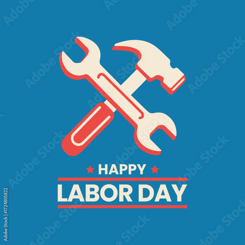 Retro Style Labor Day Banner with Hammer and Wrench, Vector illustration.