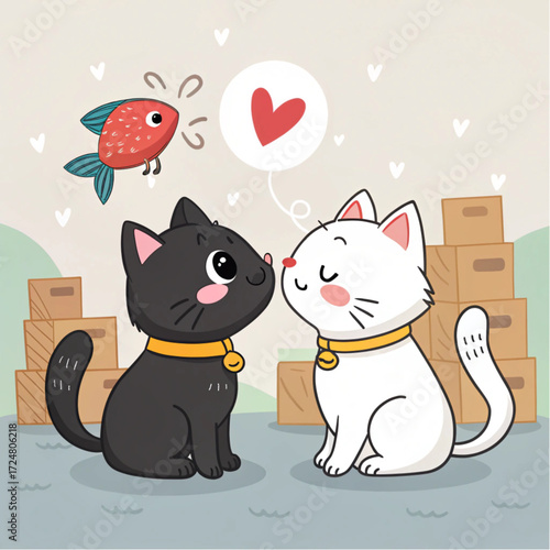 Adorable cartoon cats in love with a fish and heart