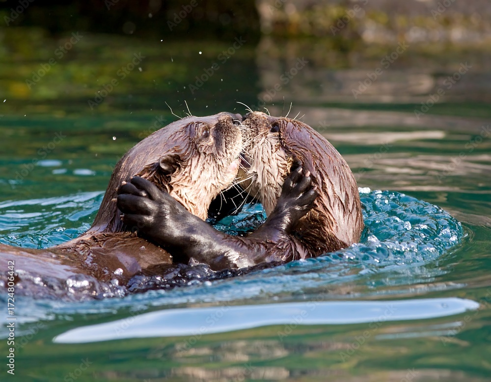 Fototapeta premium Two otters playfully interact in water