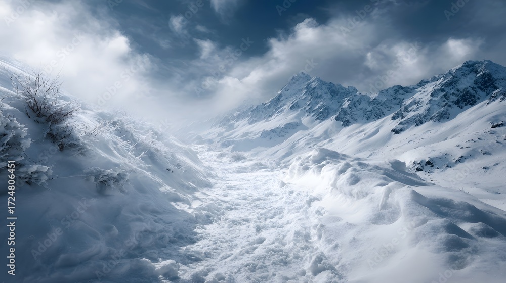 Obraz premium A dramatic snow covered mountain path winds through a rugged valley under a stormy cloudy sky evoking a sense of winter adventure and solitude