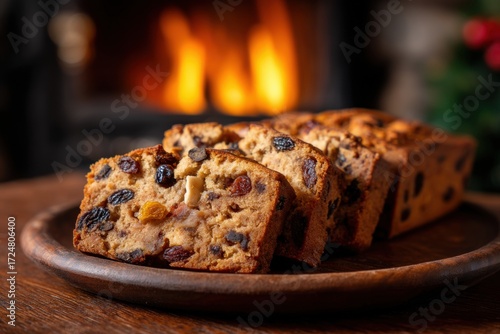 Sliced fruitcake on a wooden plate in front of a warm fireplace