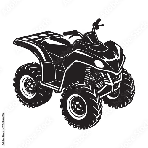 Vector illustration of a red off-road quad bike with four wheels and a powerful engine for sport and adventure