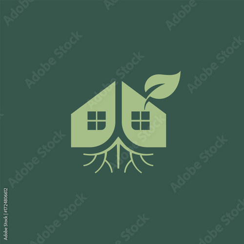 Dual House Home with Root and Leaf, Green and Healthy Real Estate Logo Design Vector