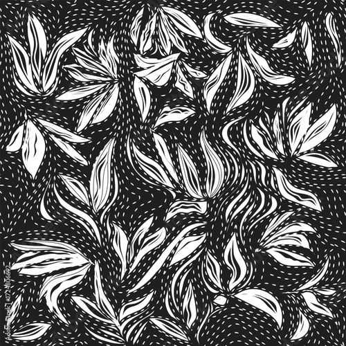 A monochromatic repeating illustration of flowing leaves in white against a black background, showcasing intricate lines and textures.