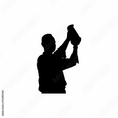 Silhouette of lab sample collector labeling specimen jar isolated on white background