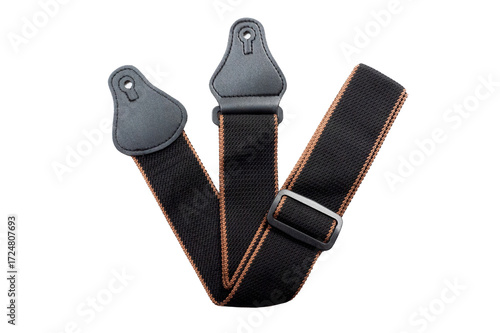 Black fabric strap for electric or acoustic guitar.