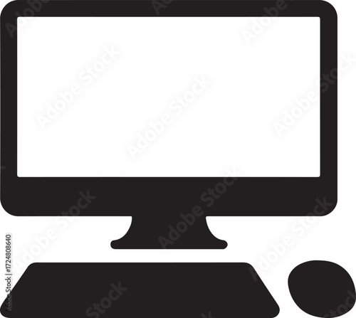 Vector illustration of A sticker of a desktop computer with a blank screen, keyboard, and mouse, perfect for technology or communication concepts