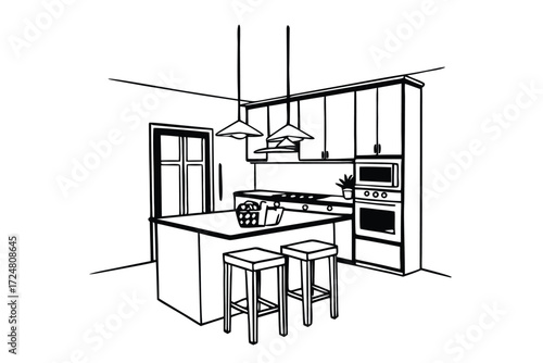 Modern kitchen design plan with island and stools Line drawing Vector illustration Simple style Whit