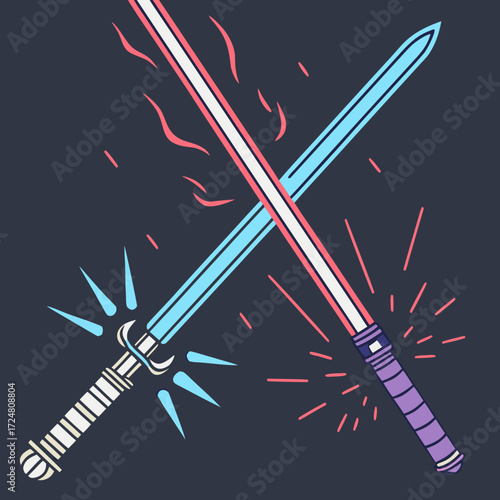 Two crossed glowing swords in blue and pink colors on a dark background