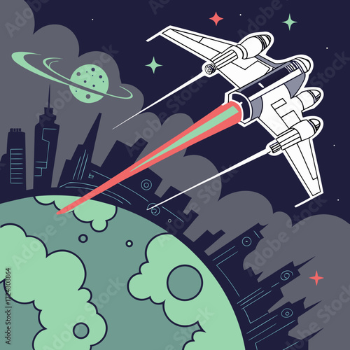 Futuristic spaceship firing laser beam over a city on a planet surface