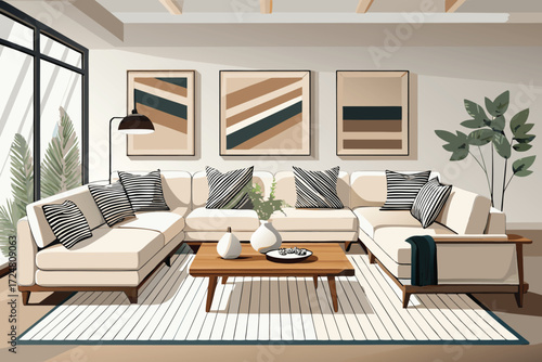 Modern sectional sofa in living room interior design illustration neutral colors minimalist style ve