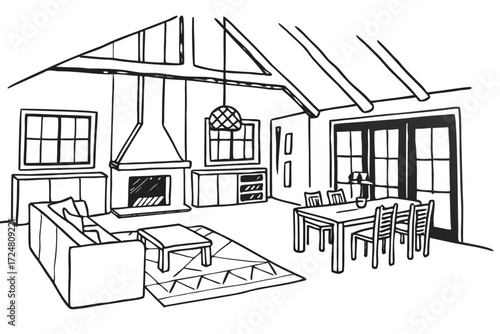 Modern house interior sketch with fireplace and dining area Simple line drawing Black and white illu