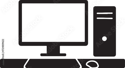 Vector illustration of A sticker of a desktop computer with a blank screen, keyboard, and mouse, perfect for technology or communication concepts