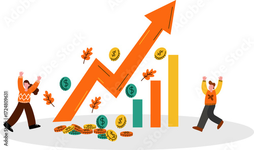 Two happy people celebrate near a large rising orange arrow, stacks of coins, bar chart, autumn leaves. business success, profit increase, economic progress, financial growth
