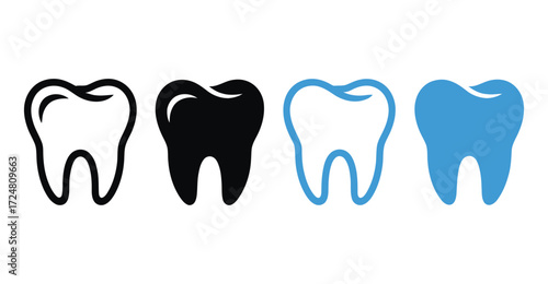 Stylized dental icon set featuring black and blue tooth illustrations in outline and silhouette, ideal for oral health and clinic branding
