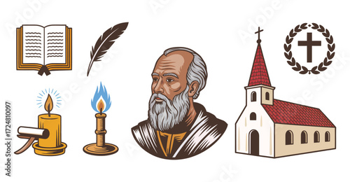 Religious and historical icon set featuring scripture, candle, scroll, church, cross, and portrait symbolizing faith, tradition, and study