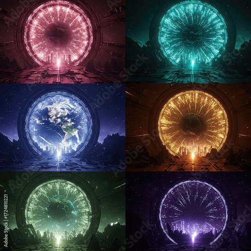 A collage of six vibrant, glowing sci-fi portals in different colors, each leading to a mysterious dimension or world.