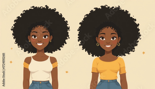 Young African woman with natural afro hairstyle, flat design, casual clothes, positive expression, vector character set, Ai Generate 