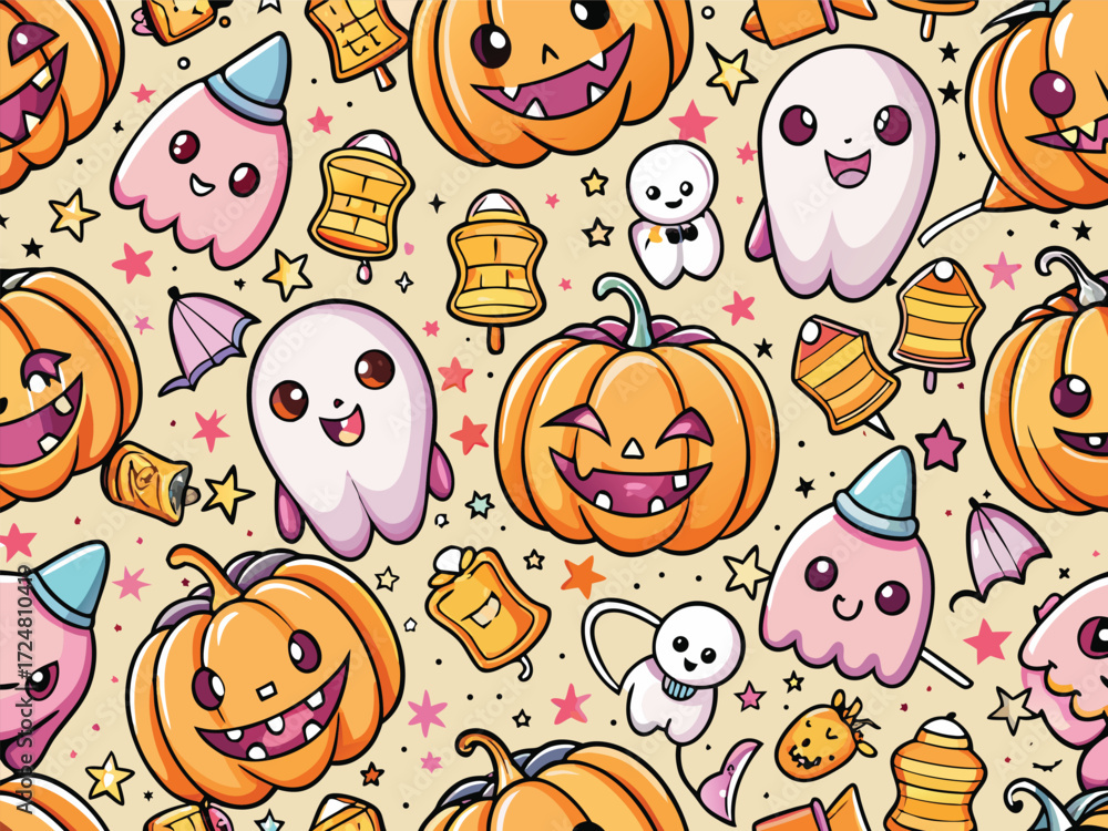 Fototapeta premium Orange Halloween Seamless Pattern with Pumpkins, Ghosts, and Bells