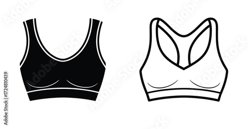 Stylized sports bra illustration in black and white with racerback design, ideal for athletic wear, fashion concepts, and apparel design