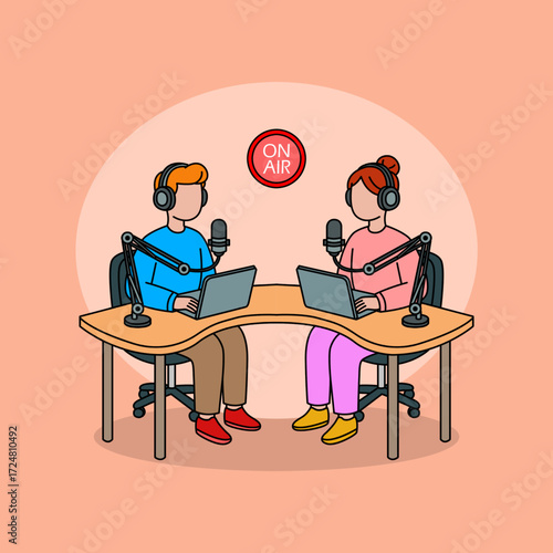 A man and a woman doing a live podcast in a studio. Perfect for celebrating International Podcast Day on September 30th.