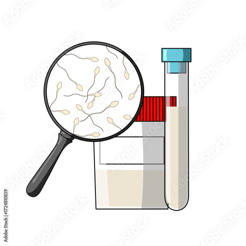 Illustration of sperm collection and processing. DNA testing and cryopreservation. Vector illustration for medical posters. Clinic, laboratory or education.