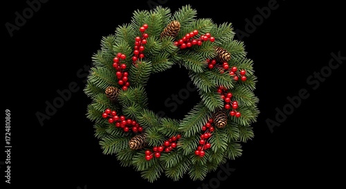 Festive evergreen wreath with bright red berries and pinecones against a stark black backdrop