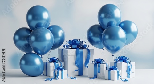 Festive Blue Balloons and White Gift Boxes with Ribbons