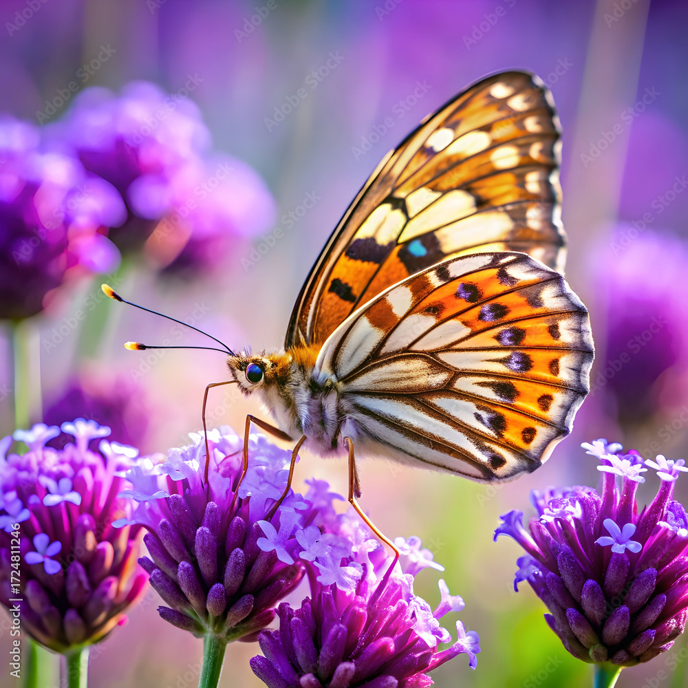 Obraz premium close up of butterfly pollinating on purple flower