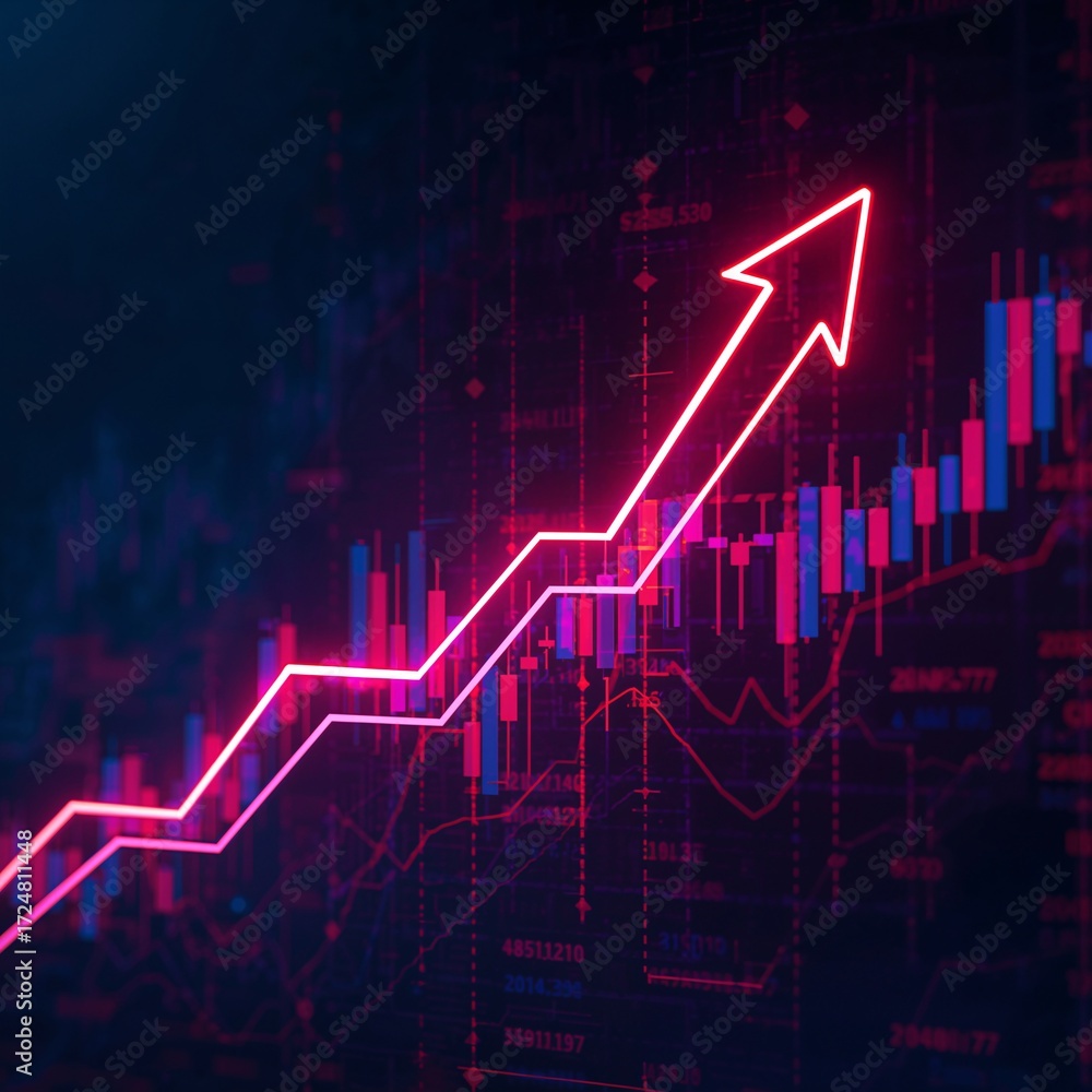 Fototapeta premium Abstract glowing arrows rising upward on futuristic digital stock trading background