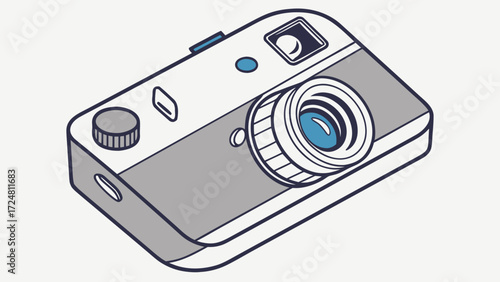Isometric illustration of a retro style camera with blue lens and gray body on a white background created with generated ai 