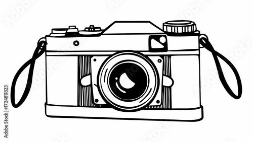Illustration of a vintage camera with a strap and detailed lens in a black and white drawing style created with generated ai 