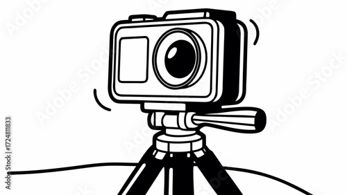 A black and white illustration of an action camera mounted on a small tripod with a simple background created with generated ai 