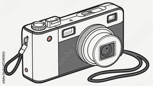Illustration of a compact digital camera with a strap and visible lens and flash elements present created with generated ai 