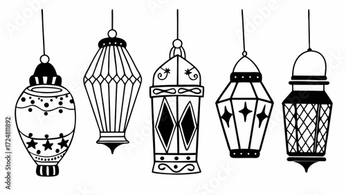 Illustration of five hanging lanterns with varying designs in black and white outline style drawing created with generated ai 