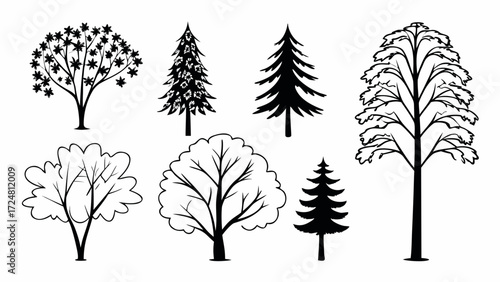 Illustration showing a variety of different tree silhouettes in black and white drawing style art work created with generated ai 